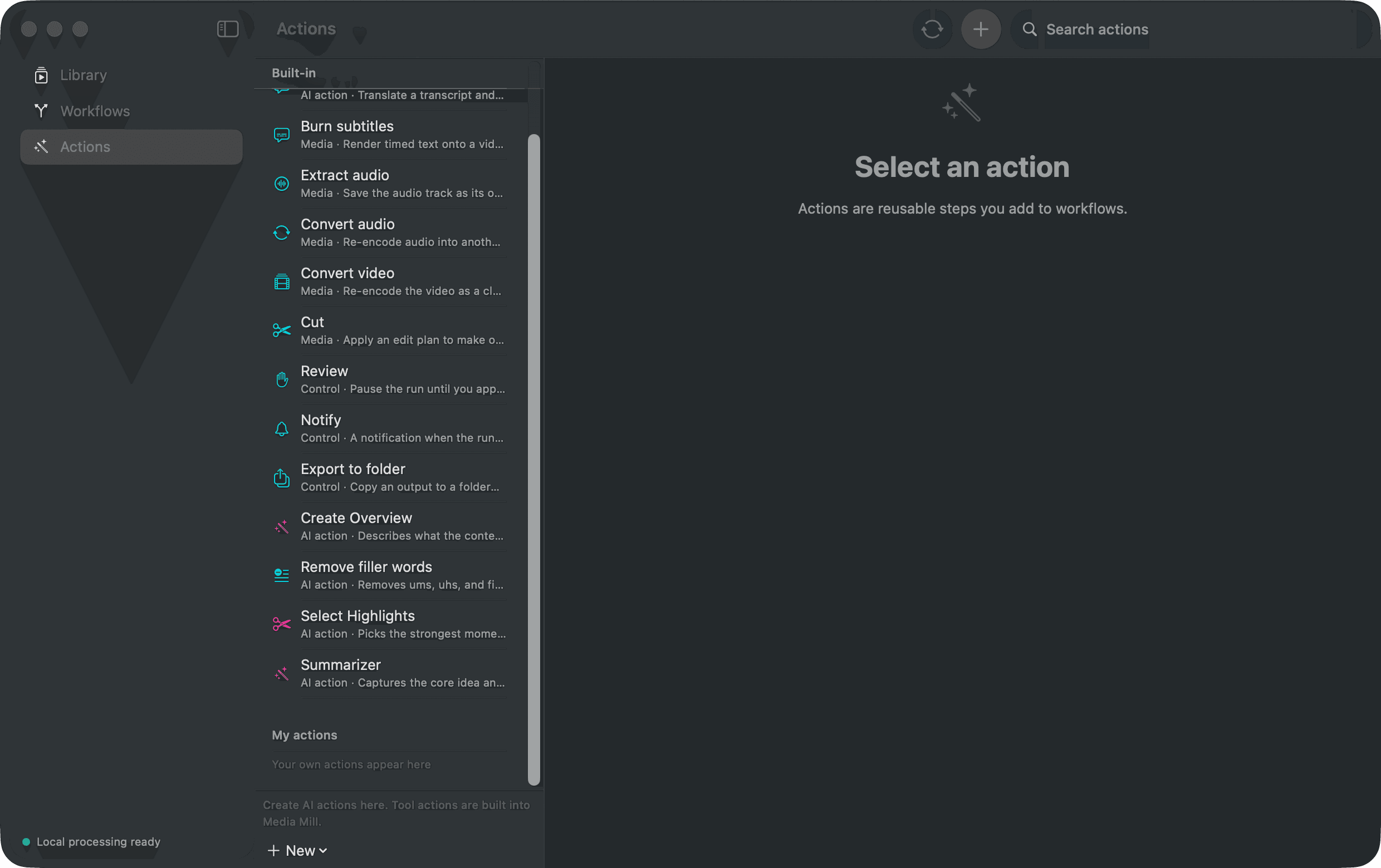 Media Mill Actions screen showing media tools and editable AI Actions.