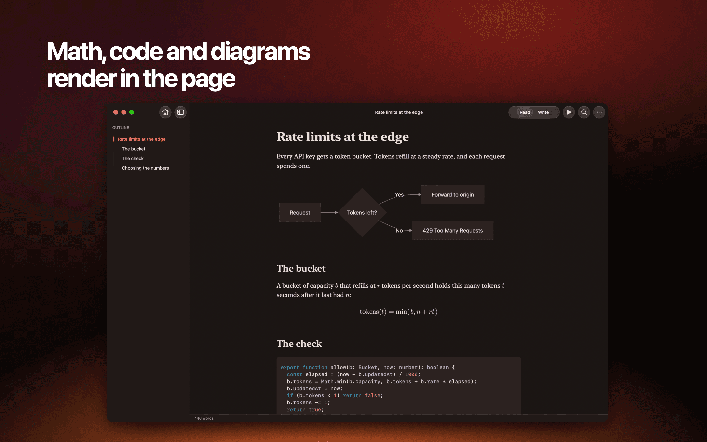 Unmarked rendering a Mermaid diagram, an equation and colored code in a dark theme