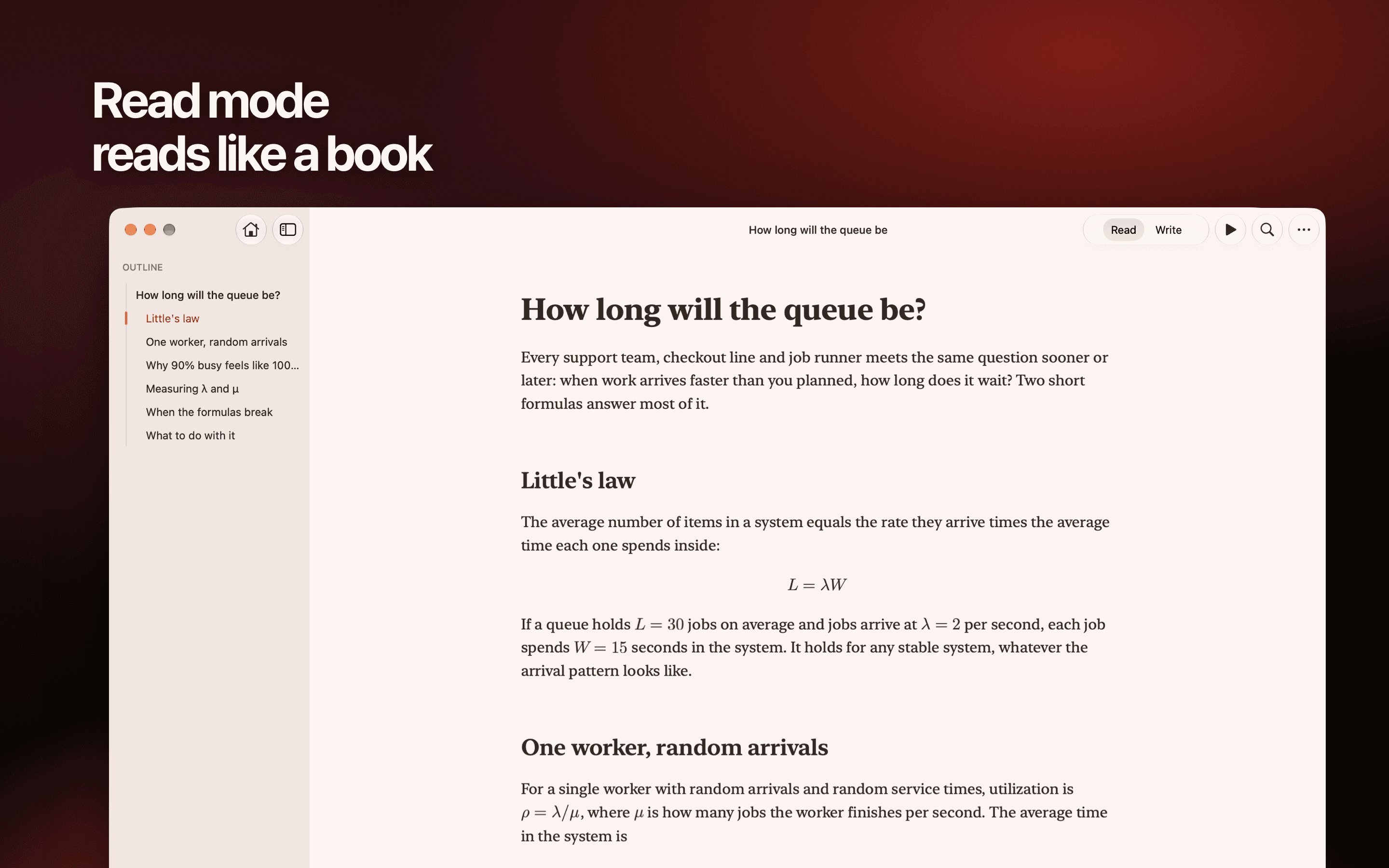 Unmarked Read mode showing a document with typeset equations on a warm light theme