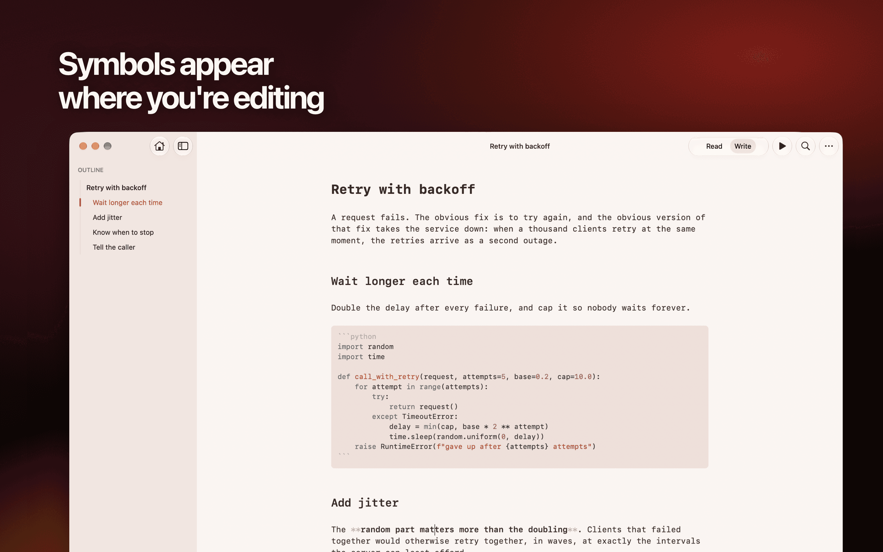 Unmarked Write mode with Markdown syntax visible around the cursor and a colored code block