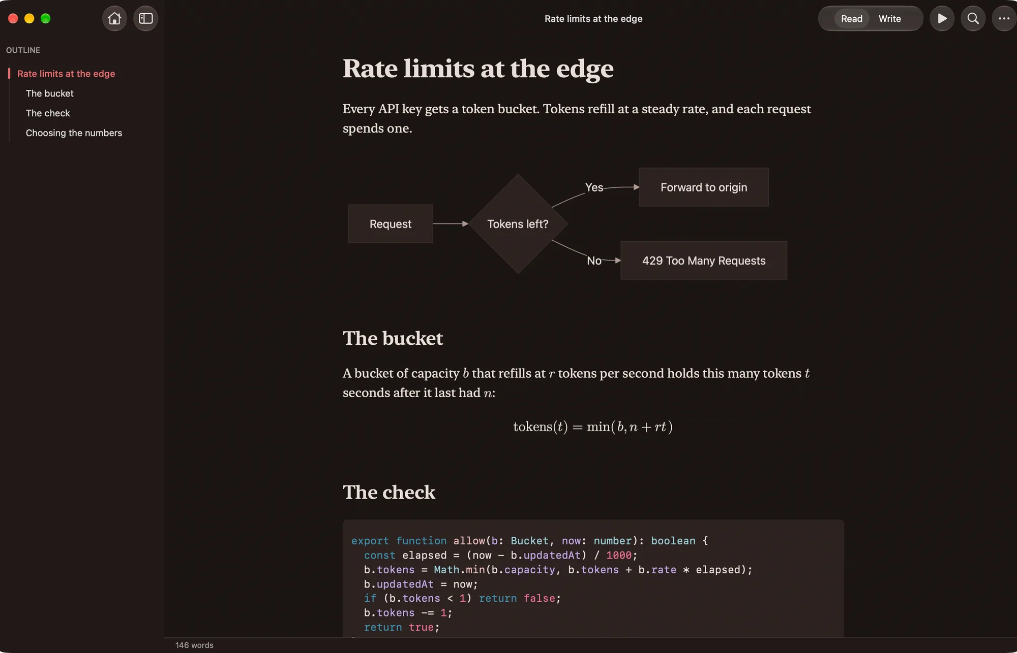 A document in one of Unmarked’s dark themes with a Mermaid diagram, a typeset equation and colored TypeScript code