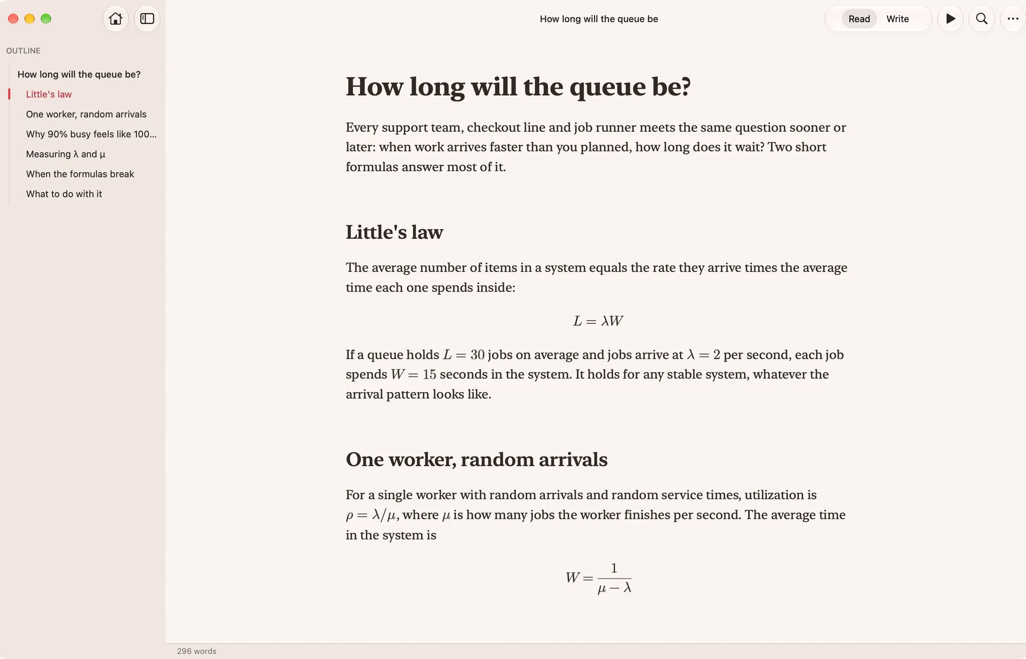 A document with typeset equations in Unmarked’s Read mode, with the outline marking the section being read