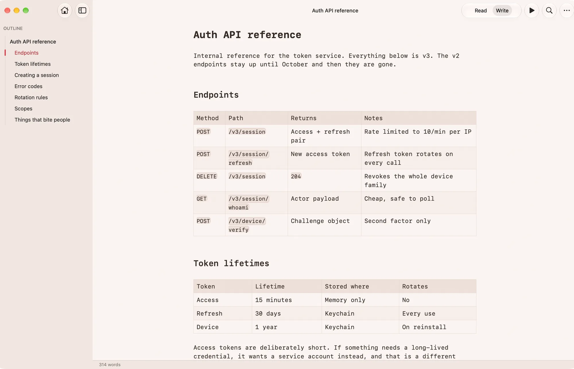 An API reference in Unmarked’s Write mode with Markdown tables rendered as real tables