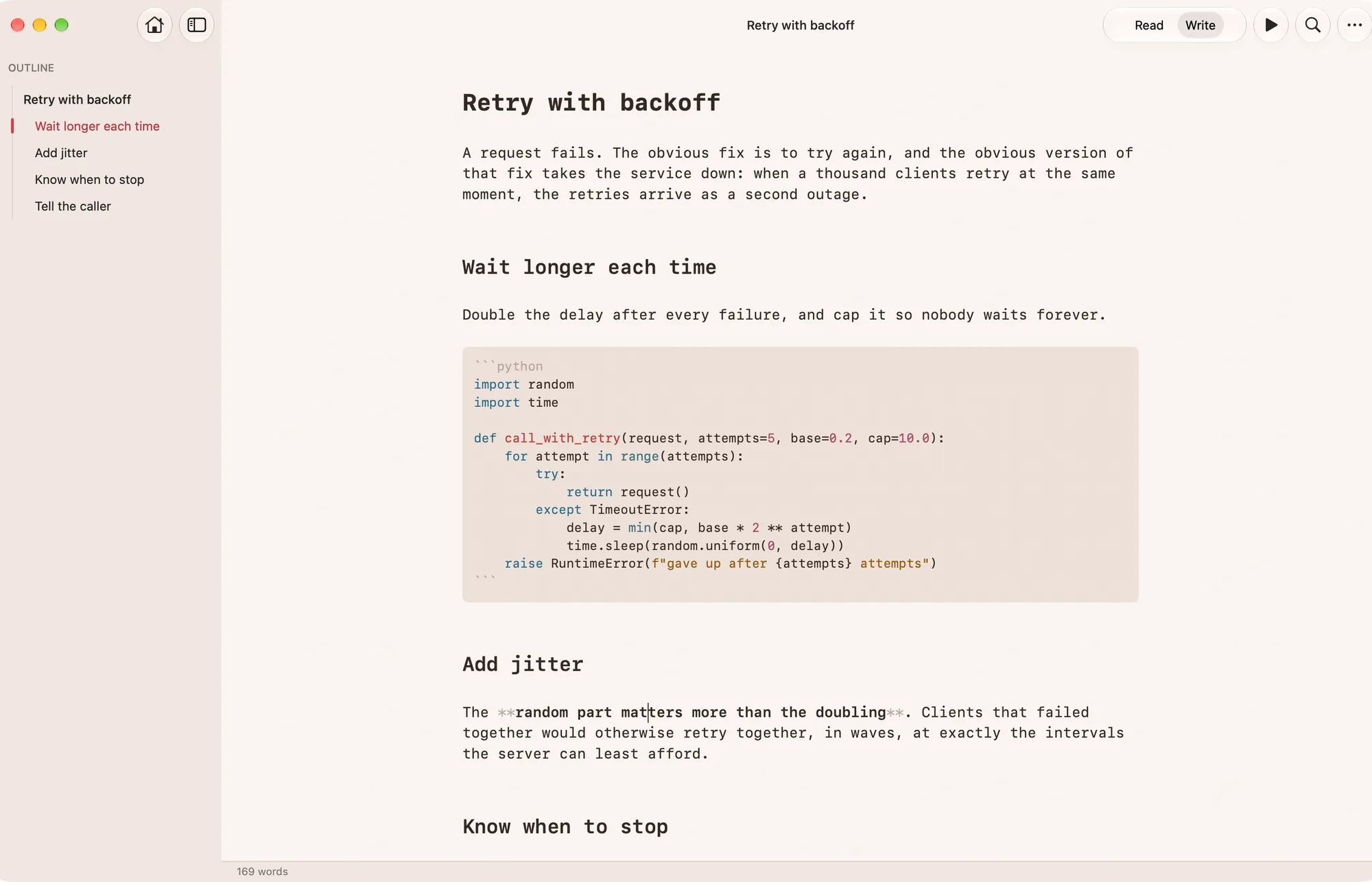 Unmarked in Write mode with Markdown syntax visible only at the cursor and a colored Python code block